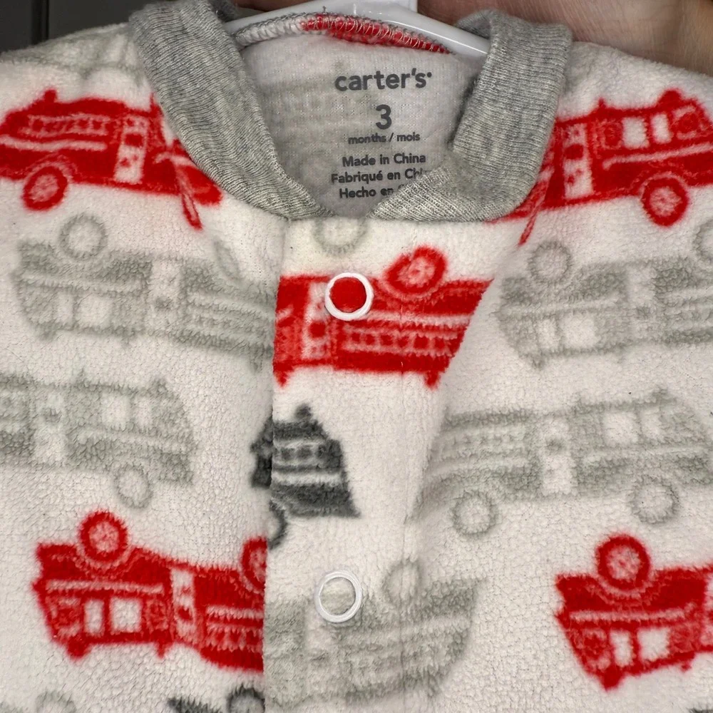 Carter's‎ Firetruck Footed Pajamas Size 3 Months Baby Boy Red Grey Sleepwear